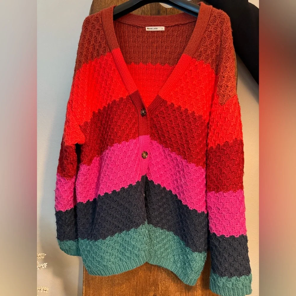 Marine Layer Block Stripe Oversize Cardigan in Multi Colorblock Large - Picture 9 of 9